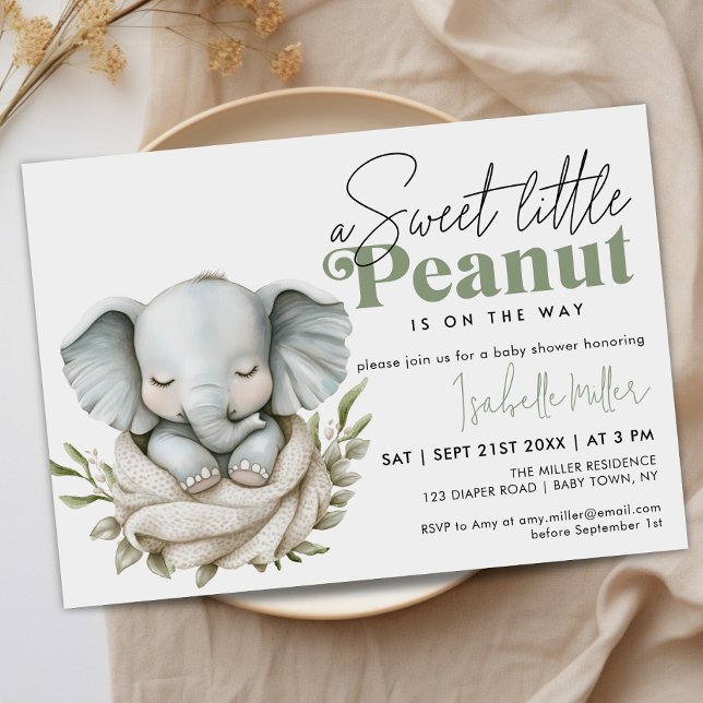 Kön Neutral Baby Shower Elephant Greenery Guld Inbjudningar (Skapare uppladdad)