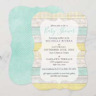 Kön Neutral Baby Shower Mint Gult Rustic Wood Inbjudningar