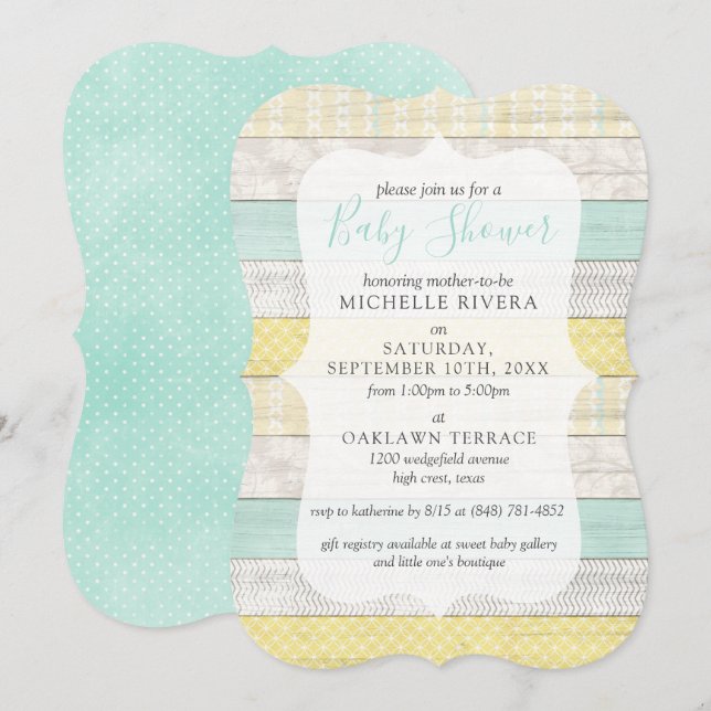 Kön Neutral Baby Shower Mint Gult Rustic Wood Inbjudningar (Fram/baksida)