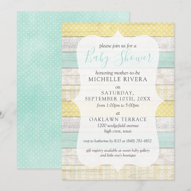Kön Neutral Baby Shower Mint Gult Rustic Wood Inbjudningar (Fram/baksida)