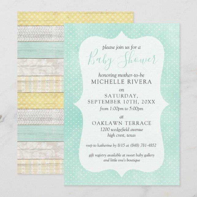 Kön Neutral Baby Shower Mint Gult Rustic Wood Inbjudningar (Fram/baksida)