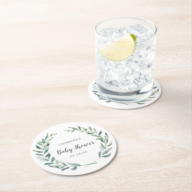 Kön Neutral Baby Shower Rustic Greenery Wandey Underlägg Papper Rund (Insitu)