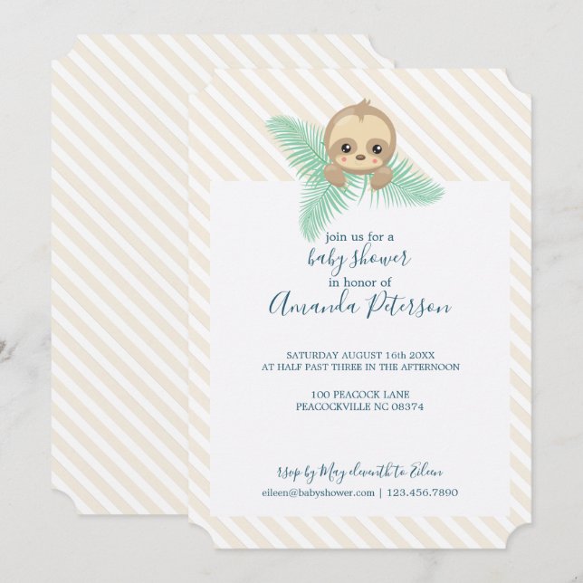 Kön Neutral Baby Sloth Baby Shower-inbjudan Inbjudningar (Fram/baksida)