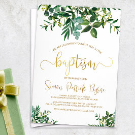 Kön Neutral baptism Greenery & Faux Guld skript Inbjudningar