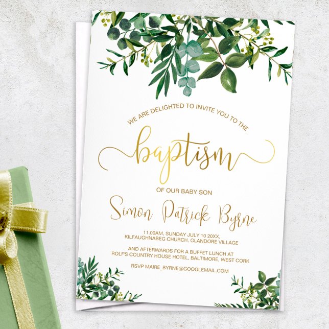 Kön Neutral baptism Greenery & Faux Guld skript Inbjudningar (Skapare uppladdad)
