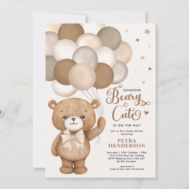 Kön Neutral Beary Cute Nalle Baby Shower I Inbjudningar (Framsida)