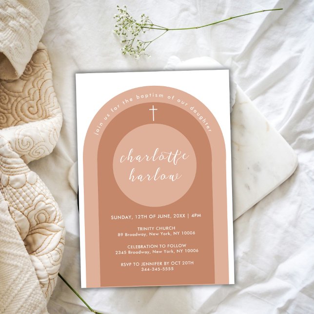 Kön Neutral Boho Arch Kor Girl Baptism Inbjudningar (Gender Neutral Boho Arch Cross Girl Baptism Invitation)