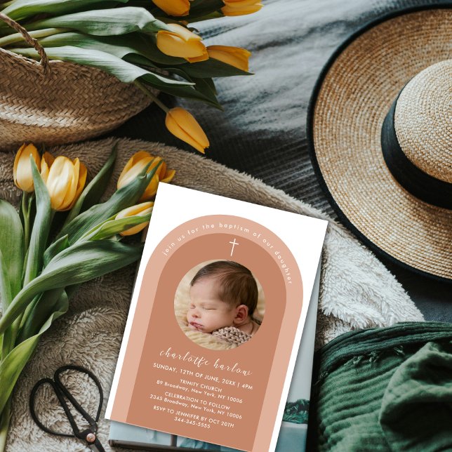 Kön Neutral Boho Arch Kor Photo Baptism Inbjudningar (Gender Neutral Boho Arch Cross Photo Baptism Invitation)