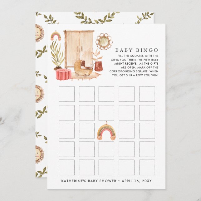 Kön Neutral | Boho Baby Shower Bingo Inbjudningar (Fram/baksida)