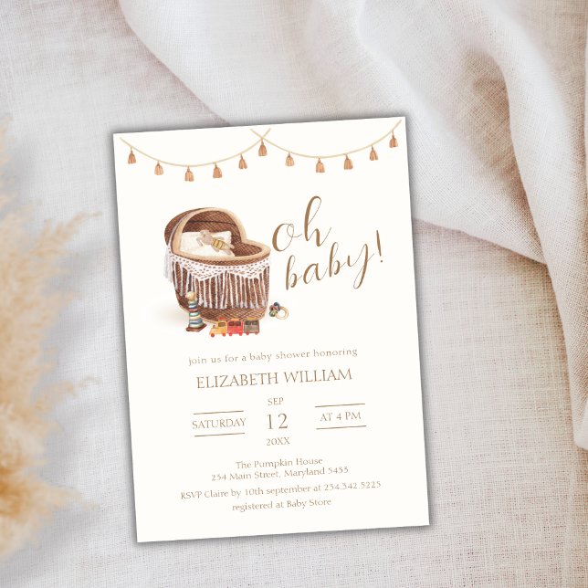 Kön Neutral Boho Bassinet Leksak Baby Shower Inbjudningar (Gender Neutral Boho Bassinet Toy Baby Shower Invitation)