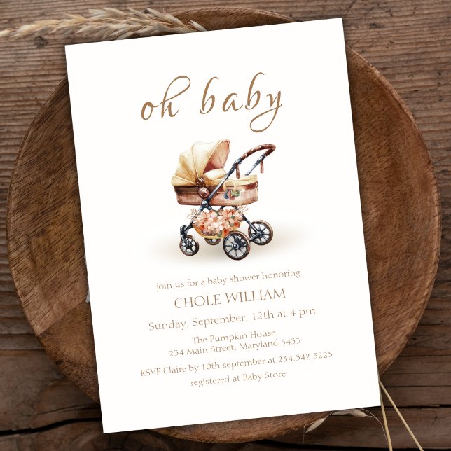 Kön Neutral Boho Blommigt Barnvagn Baby Shower Inbjudningar (Gender Neutral Boho Floral Stroller Baby Shower Invitation)