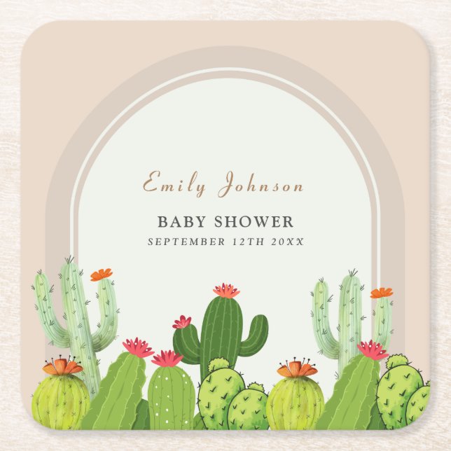 Kön Neutral Boho Cactus Arch Baby Shower Underlägg Papper Kvadrat (Framsidan)