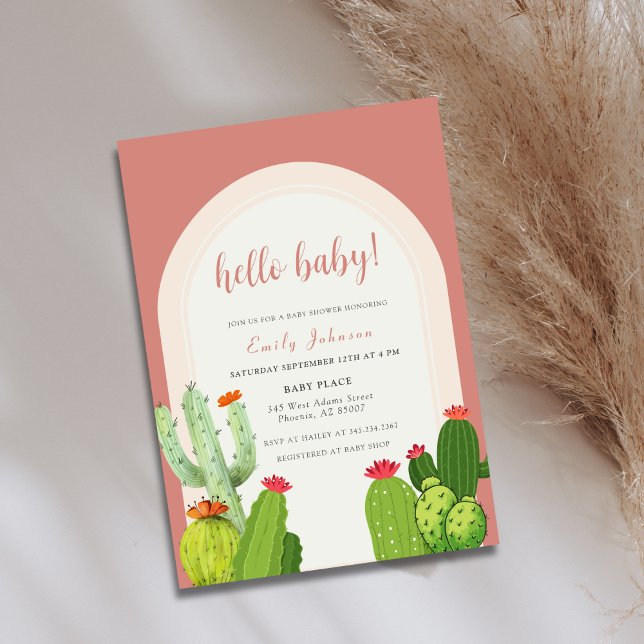 Kön Neutral Boho Cactus Arch Hej Baby Shower Inbjudningar (Gender Neutral Boho Cactus Arch Hello Baby Shower Invitation)
