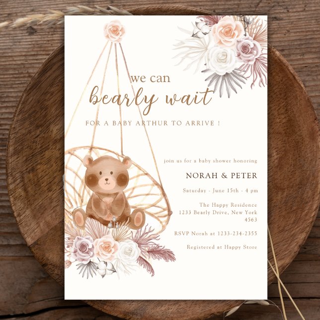 Kön Neutral Boho Nalle Baby Shower Inbjudningar (Gender Neutral Boho Teddy Bear Baby Shower Invitation)
