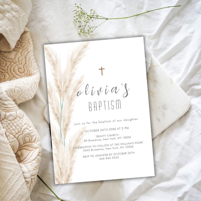 Kön Neutral Boho Pampas Christening Baptism Inbjudningar (Gender Neutral Boho Pampas Christening Baptism Invitation)