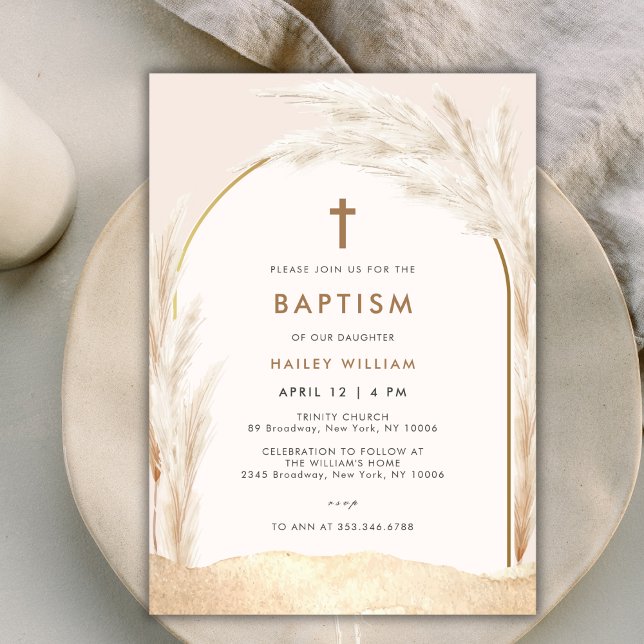 Kön Neutral Boho Pampas Kor Baptism Inbjudningar (Gender Neutral Boho Pampas Cross Baptism Invitation)