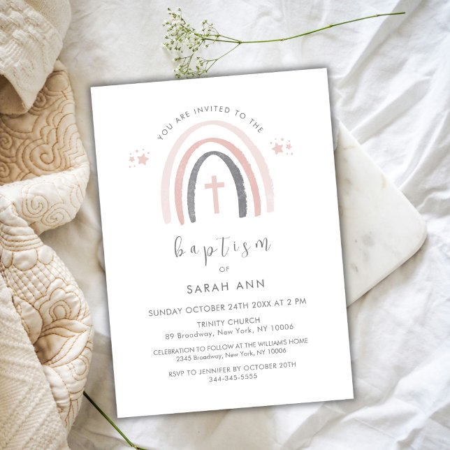 Kön Neutral Boho Rainbow Kor Baptism Inbjudningar (Gender Neutral Boho Rainbow Cross Baptism Invitation)