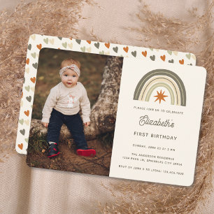Kön Neutral Boho Rainbow Photo First Birthday Inbjudningar