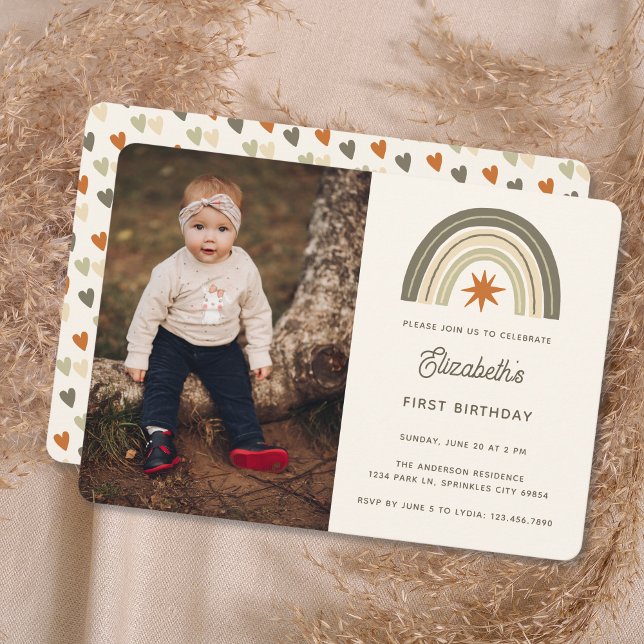 Kön Neutral Boho Rainbow Photo First Birthday Inbjudningar (Skapare uppladdad)