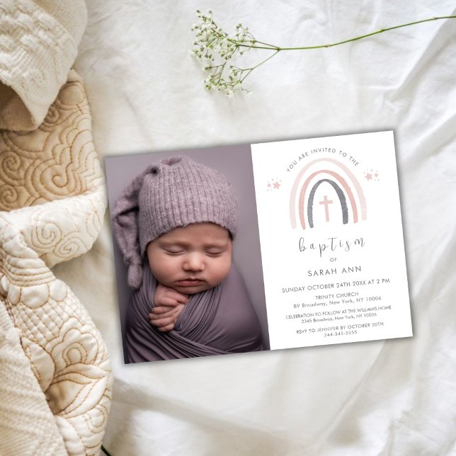 Kön Neutral Boho Rainbow Photo Kor Baptism Inbjudningar (Gender Neutral Boho Rainbow Photo Cross Baptism Invitation)