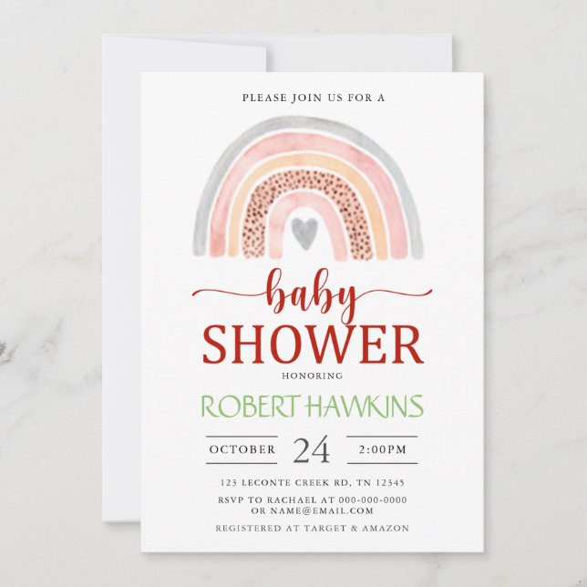 Kön Neutral Boho Watercolor Rainbow Baby Shower Inbjudningar (Framsida)