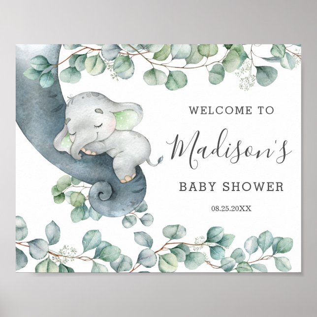 Kön Neutral Cute Elephant Baby Shower Välkommen Poster (Framsidan)