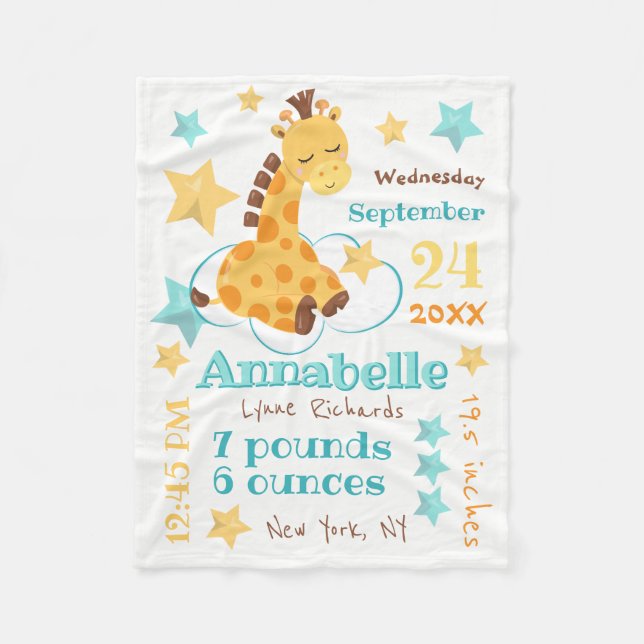 Kön Neutral Cute Giraffe Stars Baby födelsetal Fleecefilt (Framsidan)