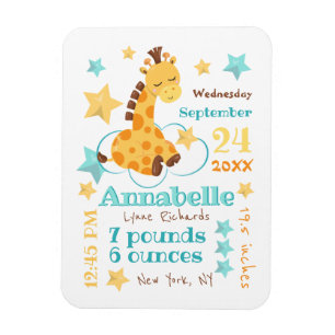 Kön Neutral Cute Giraffe Stars Baby födelsetal Magnet