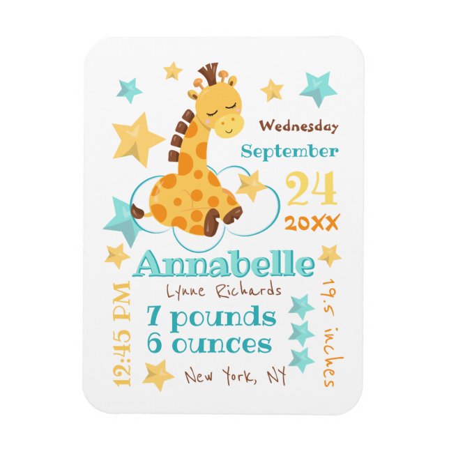 Kön Neutral Cute Giraffe Stars Baby födelsetal Magnet (Vertikal)