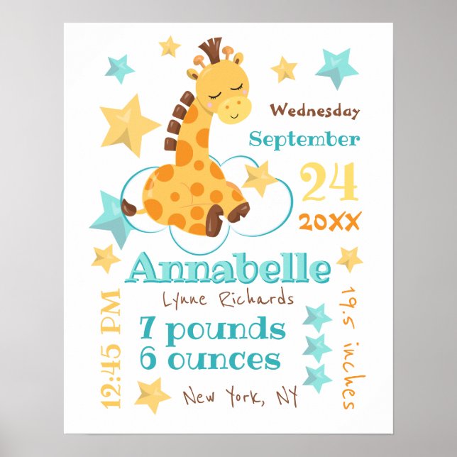 Kön Neutral Cute Giraffe Stars Baby födelsetal Poster (Framsidan)