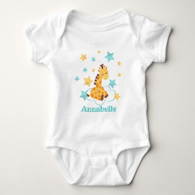 Kön Neutral Cute Giraffe & Stars Baby Monogram T Shirt (Framsida)