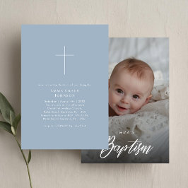 Kön Neutral Dusty Blue Baptism Boy Photo Inbjudningar
