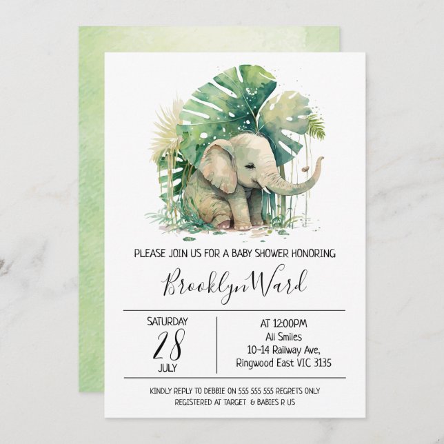 Kön Neutral Elephant Watercolor Baby Shower Inbjudningar (Fram/baksida)