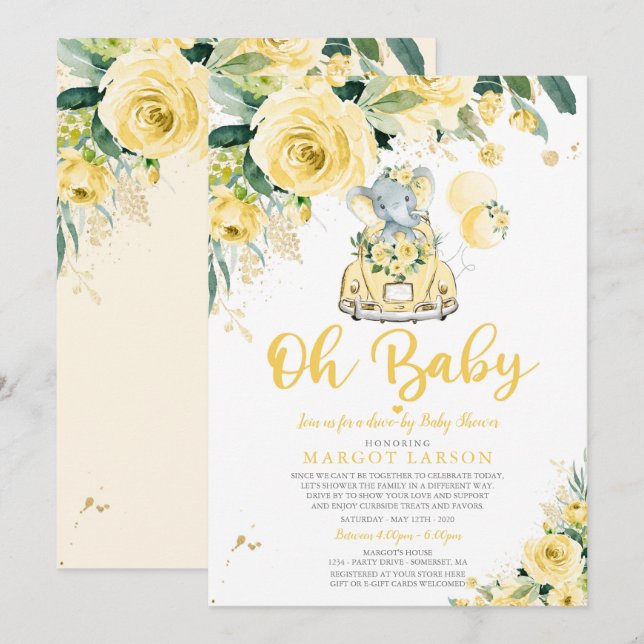 Kön neutral elphant Drive by Baby Shower Inbjudningar (Fram/baksida)