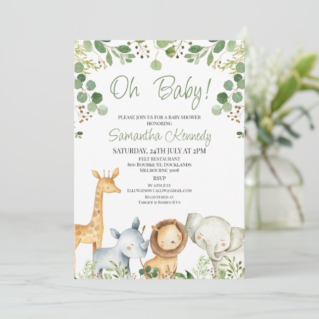 Kön Neutral Eucalyptus Cute Safari Baby Shower Inbjudningar (Stående Fram)