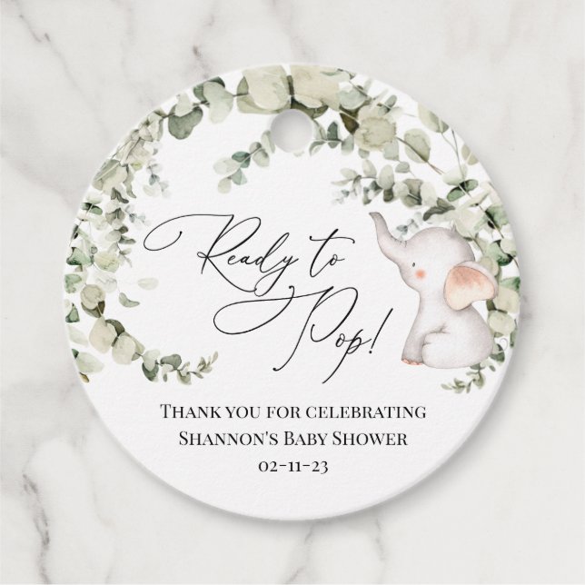 Kön Neutral Eucalyptus Elephant Baby Shower Gåvor Etiketter (Framsida)