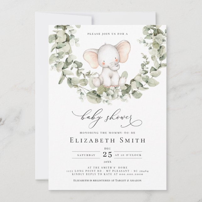 Kön Neutral Eucalyptus Elephant Baby Shower Inbjudningar (Framsida)