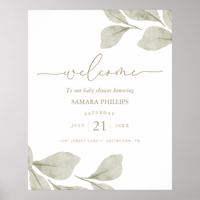 Kön Neutral Eucalyptus Löv Baby Shower Välkommen Poster (Framsidan)