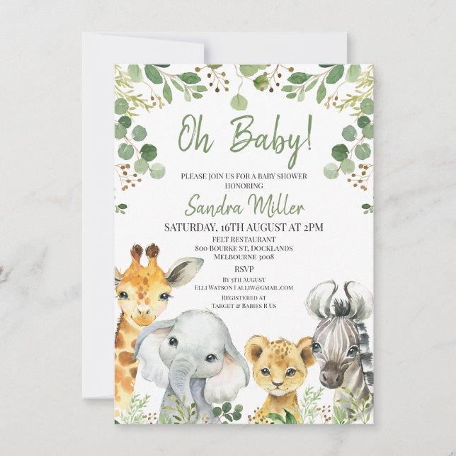 Kön Neutral Eucalyptus Safari Baby Shower Inbjudningar (Framsida)