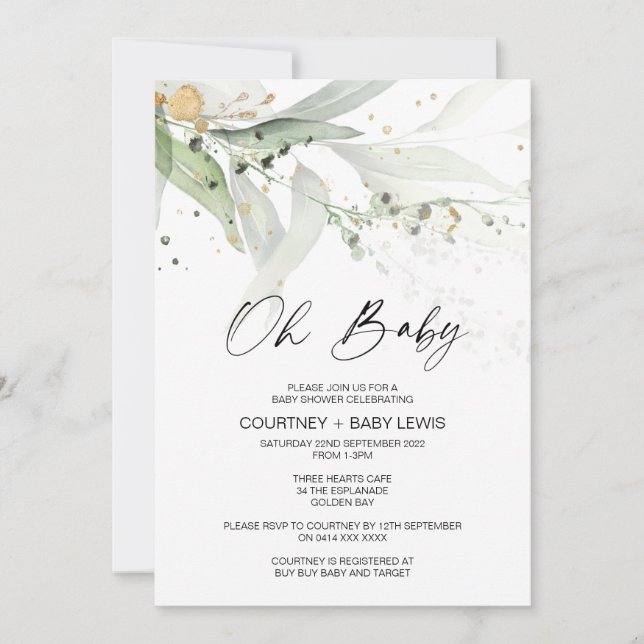 Kön Neutral eukalyptus Åh Babyskor Inbjudningar (Framsida)