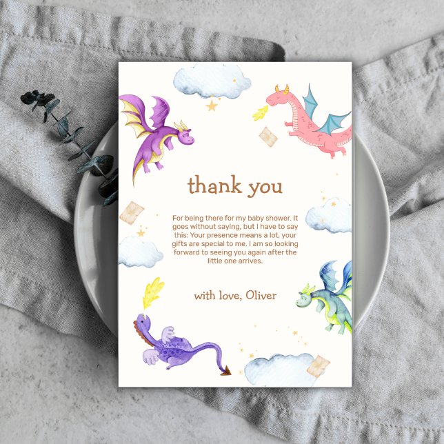 Kön Neutral Fairytale Magic Dragon Baby Shower Tack Kort (Gender Neutral Fairytale Magic Dragon Baby Shower Thank You Card)