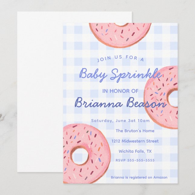 Kön Neutral, Gingham & Donuts Baby Sprinkle Inbjudningar (Fram/baksida)