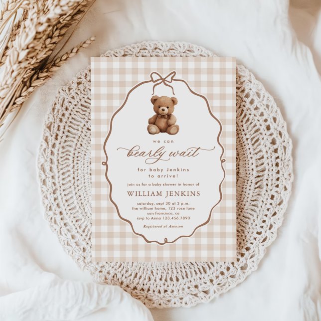 Kön Neutral Gingham Nalle Baby Shower Inbjudningar (Skapare uppladdad)