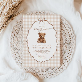 Kön Neutral Gingham Nalle Baby Shower Inbjudningar
