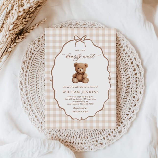 Kön Neutral Gingham Nalle Baby Shower Inbjudningar (Skapare uppladdad)