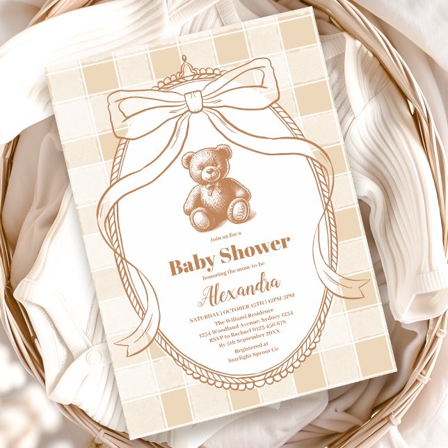Kön Neutral Gingham Nalle Baby Shower Inbjudningar (Skapare uppladdad)