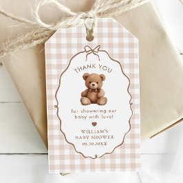 Kön Neutral Gingham Nalle Baby Shower Presentetikett