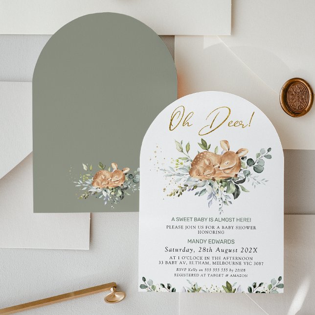Kön Neutral Greenery Oh Hjort Baby Shower Inbjudningar (Arched Greenery Oh Deer baby Shower Invitation, Foliage Deer Fawn Baby Shower Invite Gender Neutral )