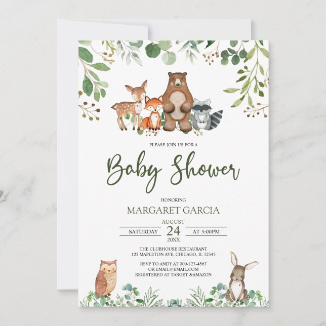 Kön Neutral Greenery Woodland Baby Shower Inbjudningar (Framsida)
