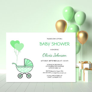 Kön Neutral Grönt Barnvagn Baby Shower Inbjudningar